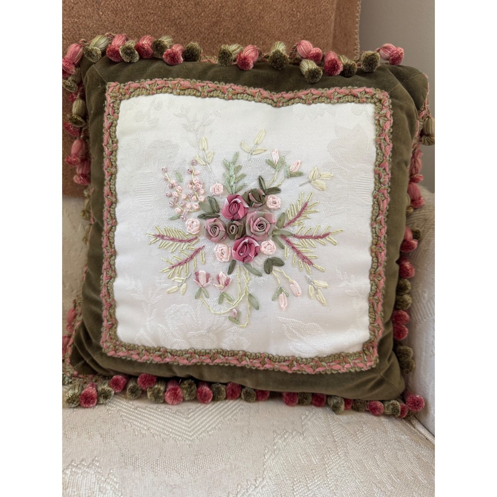 Vintage Silk Ribbon Embroidery Floral Velvet Tassel Trim Throw Pillow Green Pink